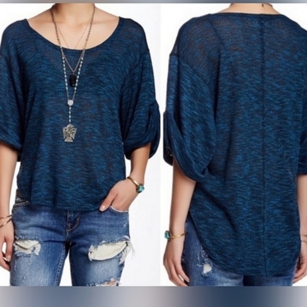 Free People FP Beach Nani Tee Marled Starlight Blue Rolled Sleeve Top Sz S